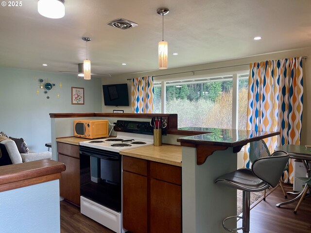 54825 Robinson Rd, Coquille, OR 97423 - kitchen with electric range, white microwave, dark wood-type flooring, pendant lighting, and recessed lighting