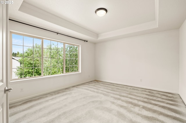 empty room with a tray ceiling, carpet flooring, and baseboards