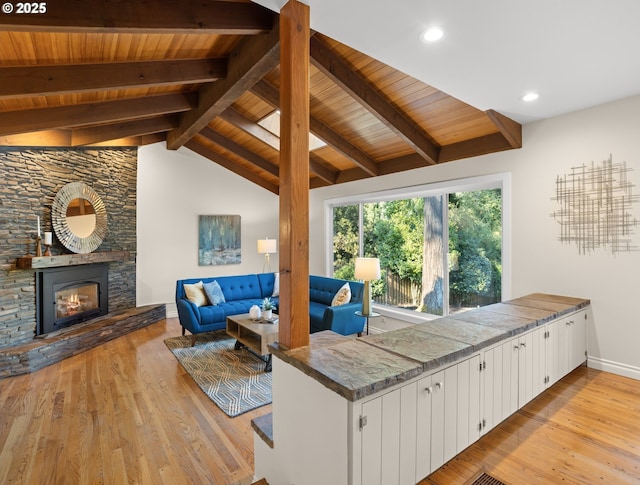 13920 Shireva Dr, Lake Oswego, OR 97034 - living area with light wood finished floors, wood ceiling, a fireplace, and recessed lighting