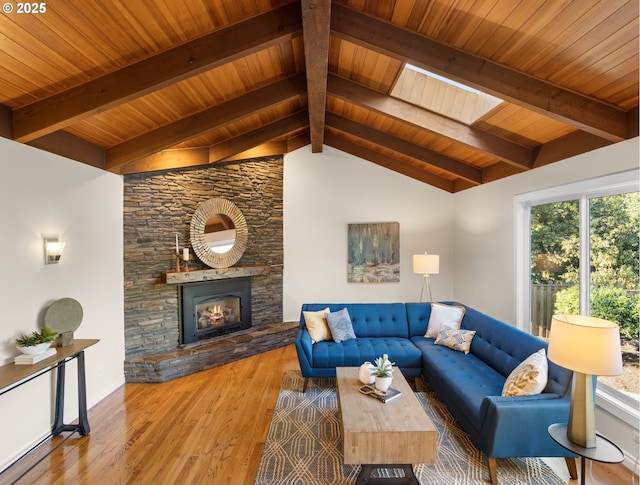 13920 Shireva Dr, Lake Oswego, OR 97034 - living room with wood finished floors, a stone fireplace, and wood ceiling