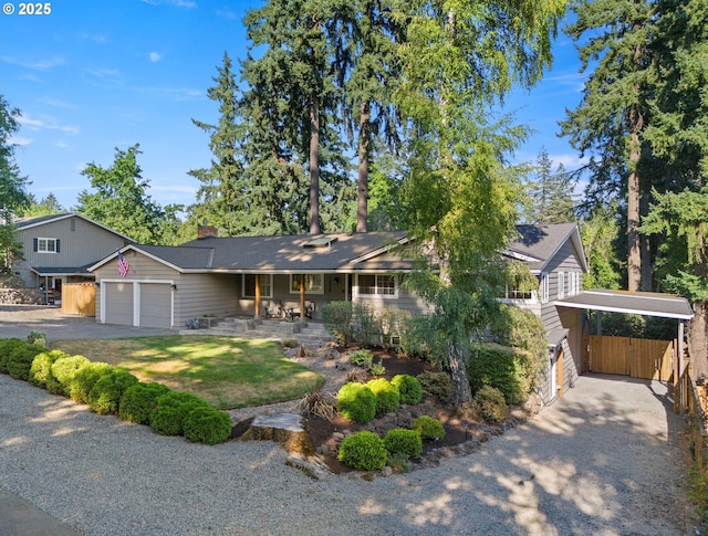 13920 Shireva Dr, Lake Oswego, OR 97034 - view of front of home featuring a porch, driveway, an attached garage, and a chimney