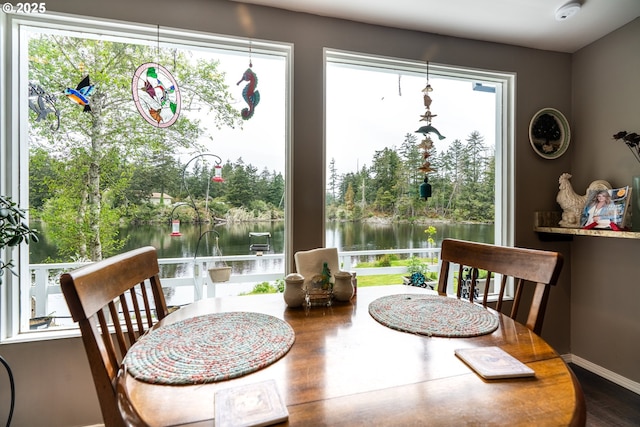 dining space featuring a water view, baseboards, plenty of natural light, and wood finished floors