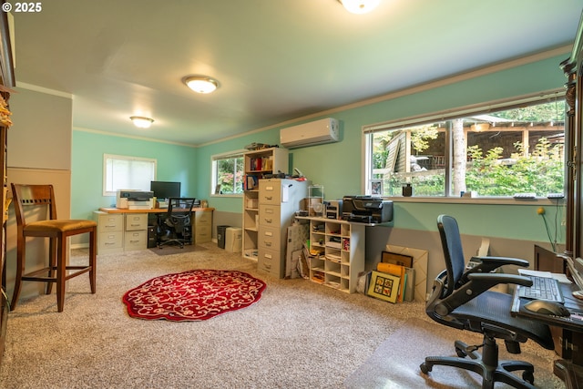 office space featuring a wall unit AC, carpet, and crown molding