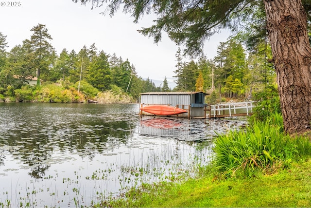 dock area featuring a water view and a wooded view