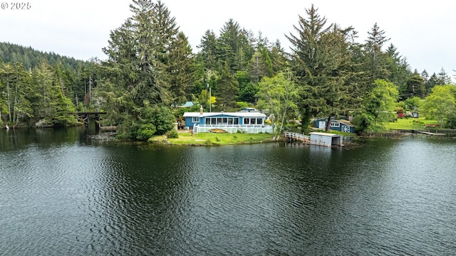 water view featuring a heavily wooded area