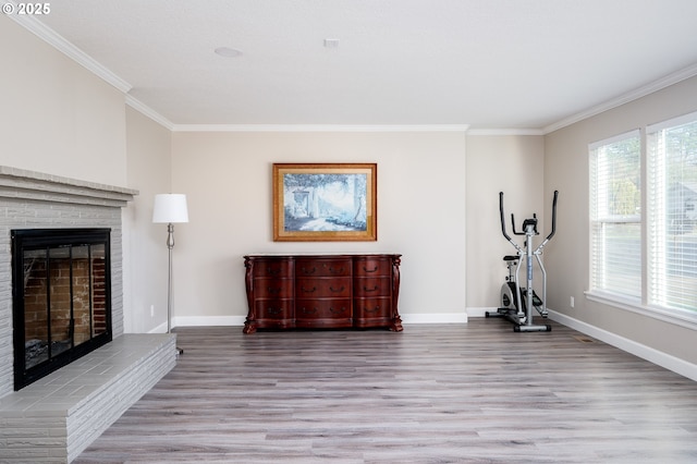 exercise area featuring a fireplace, ornamental molding, and light wood-type flooring