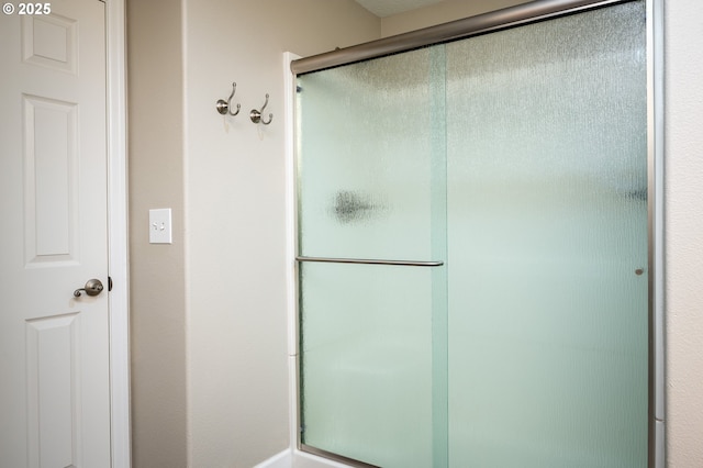 bathroom featuring a shower with shower door