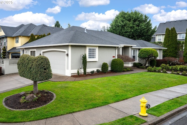 view of front of home featuring driveway, an attached garage, a front lawn, and stucco siding