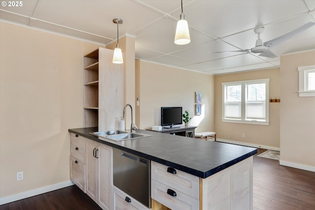 419 State St, Lyle, WA 98635 - kitchen with a peninsula, ceiling fan, dark countertops, dark wood finished floors, and a sink