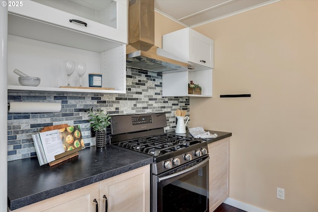 419 State St, Lyle, WA 98635 - kitchen with stainless steel range with gas stovetop, dark countertops, open shelves, exhaust hood, and backsplash