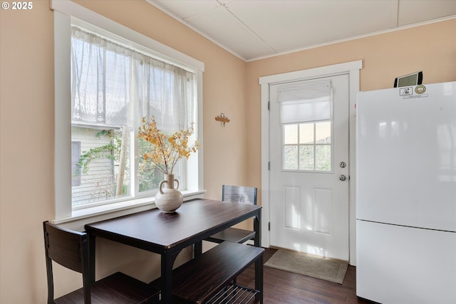419 State St, Lyle, WA 98635 - dining room with dark wood-style floors and crown molding