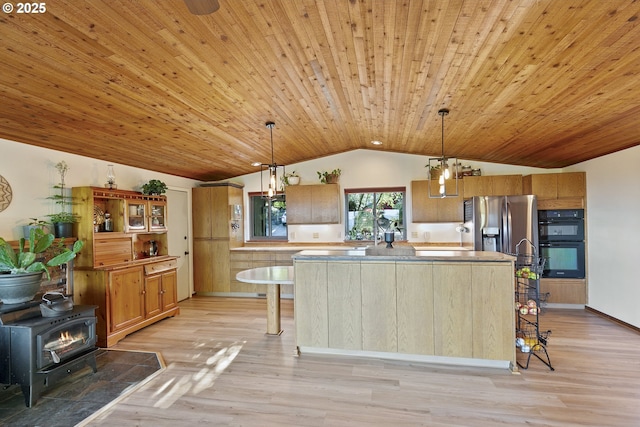 225 NW Brier Ave, Dundee, OR 97115 - kitchen with a sink, stainless steel appliances, light wood-type flooring, wooden ceiling, and lofted ceiling