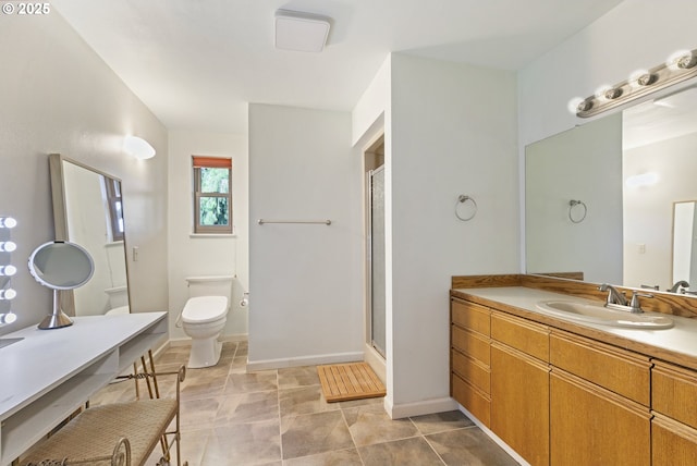 full bathroom with baseboards, an enclosed shower, toilet, and vanity