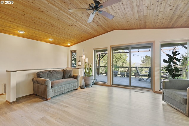 living area featuring a healthy amount of sunlight, wood ceiling, and lofted ceiling