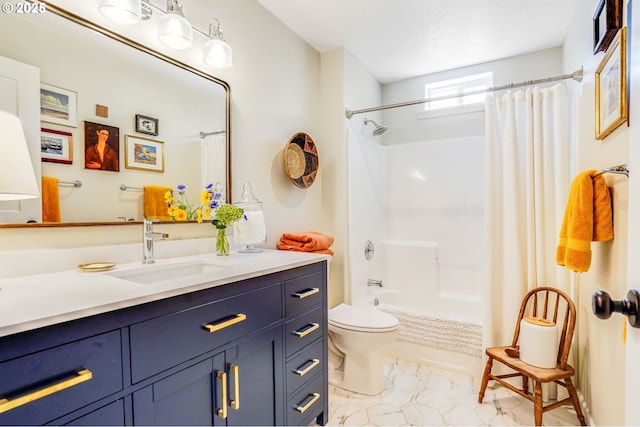 603 Lone Oaks Loop, Silverton, OR 97381 - full bathroom with vanity, shower / bathtub combination with curtain, and marble finish flooring