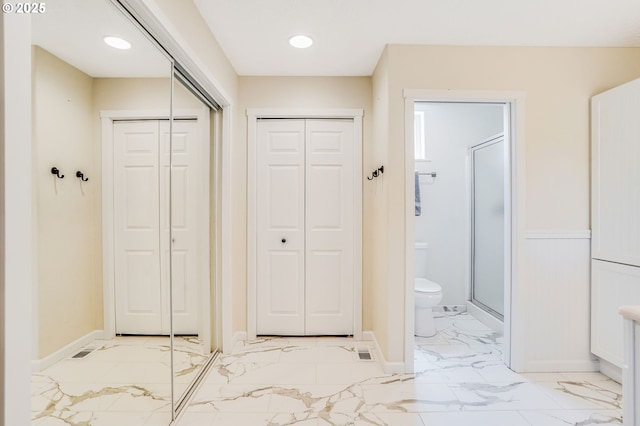 603 Lone Oaks Loop, Silverton, OR 97381 - bathroom featuring a closet, marble finish flooring, and a shower stall