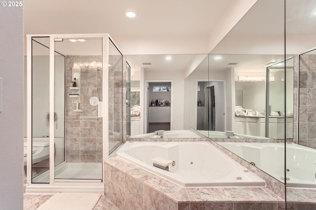 8408 NW Pinnacle Ct, Portland, OR 97229 - bathroom with a shower stall, a tub with jets, and recessed lighting