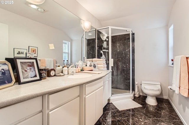8408 NW Pinnacle Ct, Portland, OR 97229 - full bathroom with marble tiled flooring, toilet, vanity, a shower stall, and vaulted ceiling