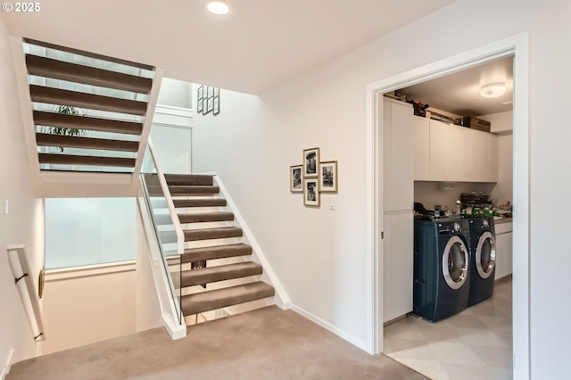 8408 NW Pinnacle Ct, Portland, OR 97229 - stairway with washer and clothes dryer, recessed lighting, carpet, and baseboards