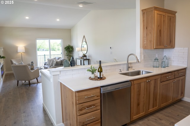 2368 Kingwood St, Forest Grove, OR 97116 - kitchen featuring stainless steel dishwasher, a sink, open floor plan, dark wood-style flooring, and tasteful backsplash