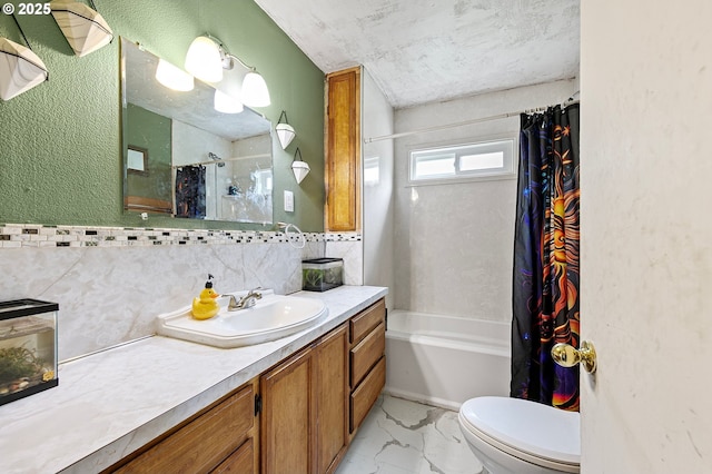 36285 Row River Rd, Cottage Grove, OR 97424 - bathroom with vanity, marble finish floors, shower / bath combo, and decorative backsplash