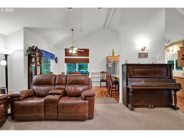 living area with ceiling fan, a wealth of natural light, vaulted ceiling with beams, and wood finished floors