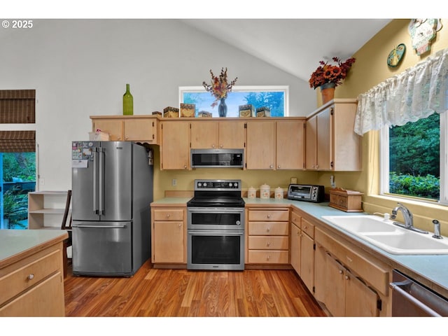 kitchen featuring a sink, appliances with stainless steel finishes, lofted ceiling, and light brown cabinets