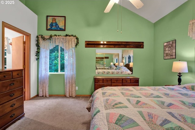 3347 31st St, Florence, OR 97439 - carpeted bedroom with baseboards, vaulted ceiling, and ceiling fan