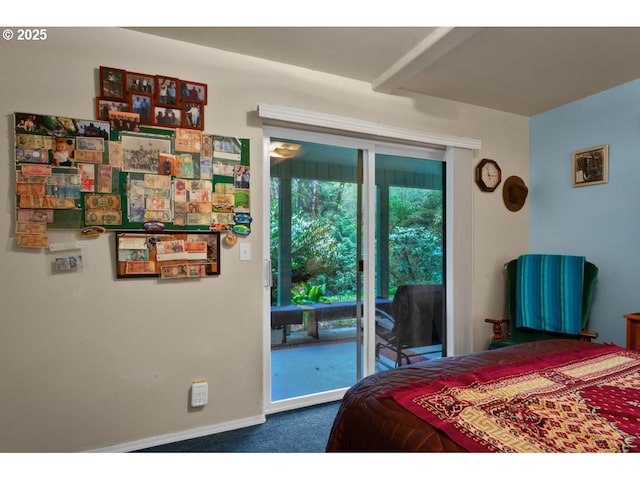 bedroom with access to outside, carpet flooring, and baseboards