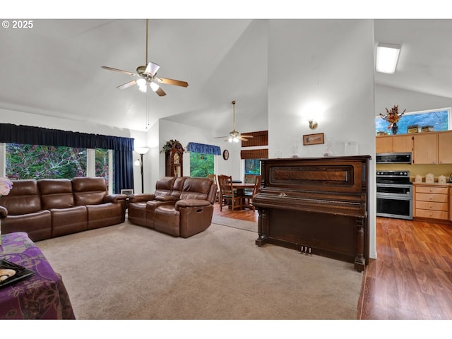 living area with a healthy amount of sunlight, high vaulted ceiling, and ceiling fan