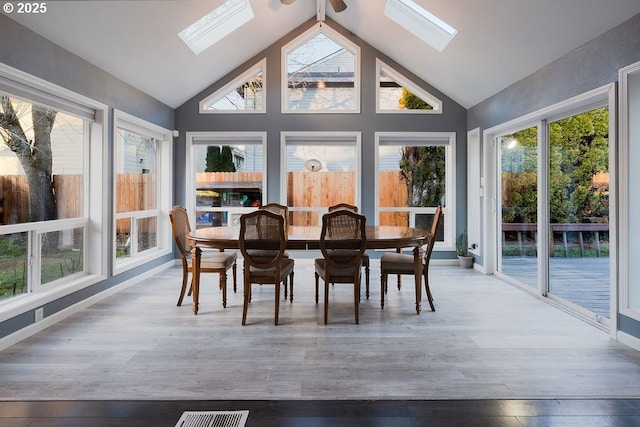 sunroom / solarium with vaulted ceiling with skylight and visible vents