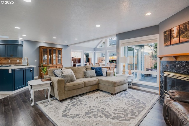 living area featuring vaulted ceiling, dark wood-style flooring, a premium fireplace, and a wealth of natural light