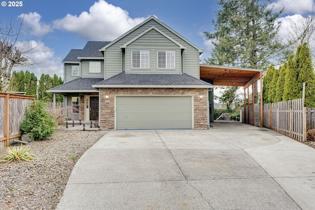 view of front facade with a garage, a shingled roof, driveway, and fence