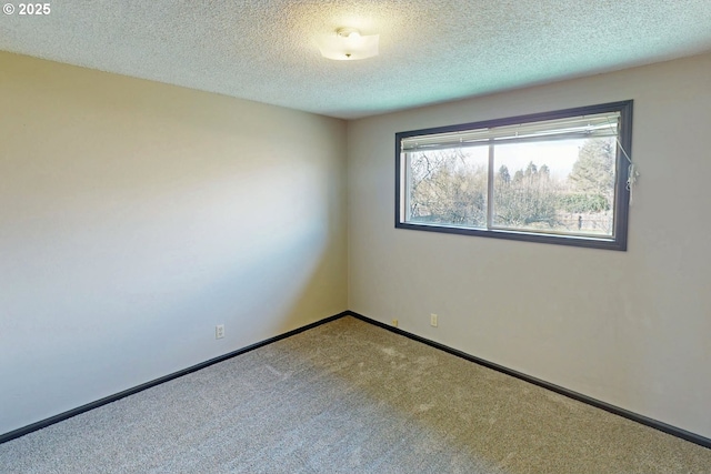 spare room with carpet flooring, a textured ceiling, and baseboards