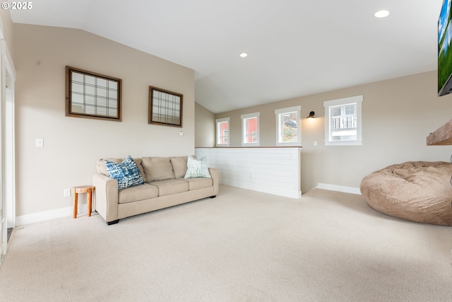 2539 SW Coral Loop, Lincoln City, OR 97367 - living room featuring carpet flooring, lofted ceiling, and recessed lighting