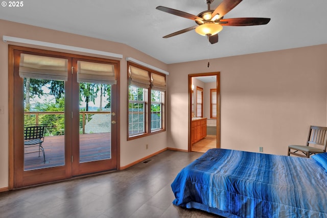 bedroom with connected bathroom, access to outside, baseboards, and a ceiling fan