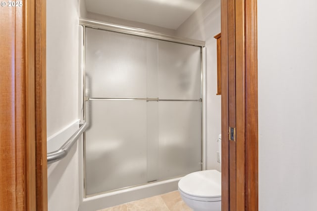 full bathroom featuring a shower stall and toilet