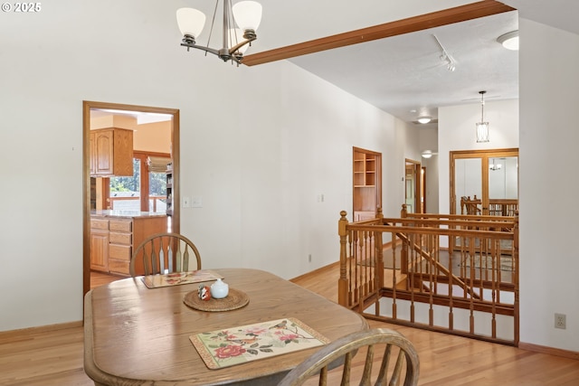 dining room featuring an inviting chandelier, light wood finished floors, and track lighting
