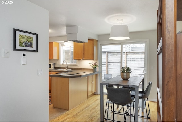 109 NE Shaver Ave, Portland, OR 97212 - kitchen featuring a sink, a peninsula, light wood-style flooring, white microwave, and dark countertops