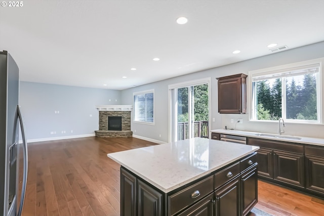 17067 NW Catalpa St, Portland, OR 97229 - kitchen with a sink, stainless steel appliances, wood finished floors, a stone fireplace, and recessed lighting