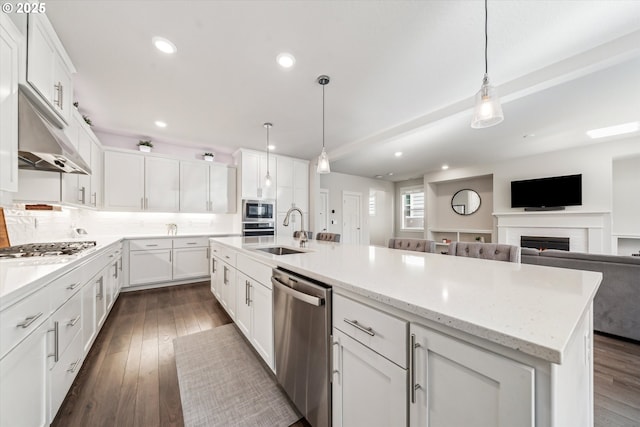 kitchen with stainless steel appliances, dark wood finished floors, white cabinetry, and a sink