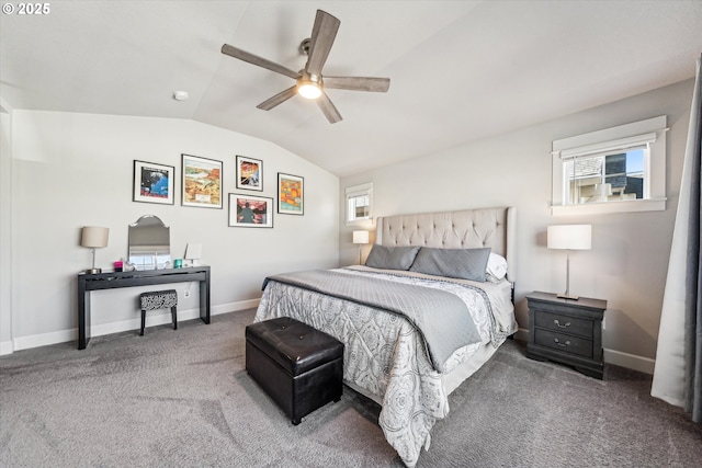 bedroom with lofted ceiling, carpet flooring, baseboards, and multiple windows