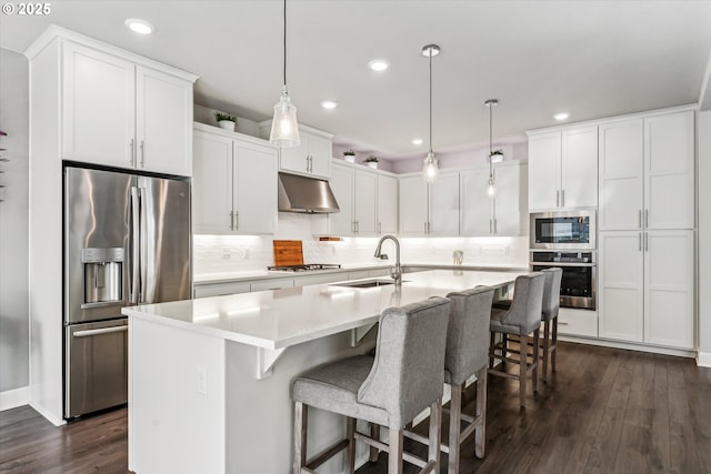 kitchen with stainless steel appliances, white cabinetry, a sink, and under cabinet range hood