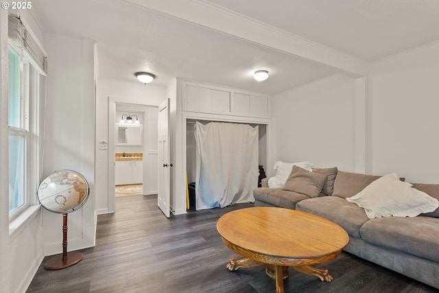 living room with dark wood finished floors, plenty of natural light, crown molding, and baseboards