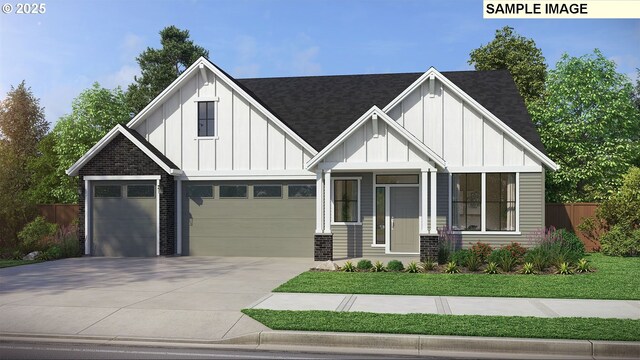 view of front of home featuring board and batten siding, concrete driveway, brick siding, and fence