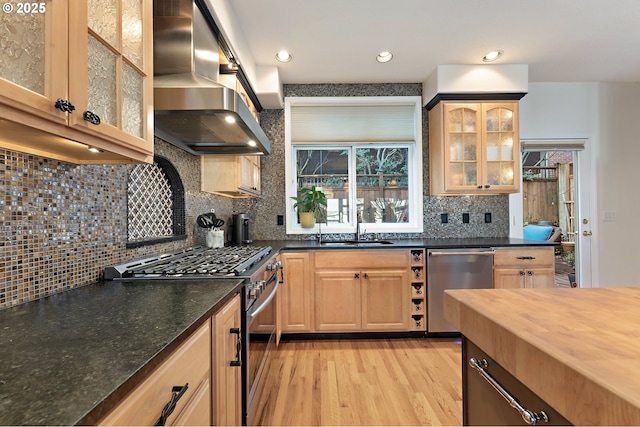 kitchen with light wood-style flooring, glass insert cabinets, appliances with stainless steel finishes, island exhaust hood, and a sink