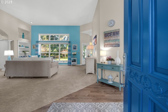 carpeted living room with ornate columns and built in shelves