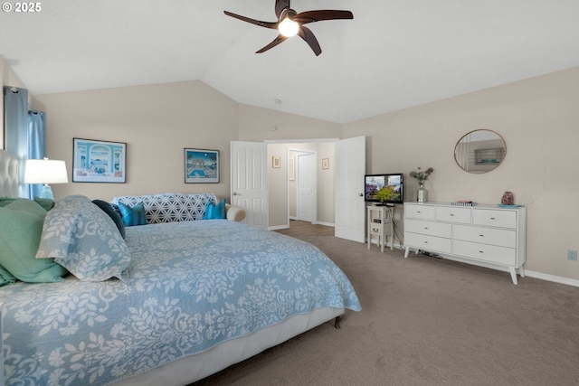 carpeted bedroom with ceiling fan and lofted ceiling