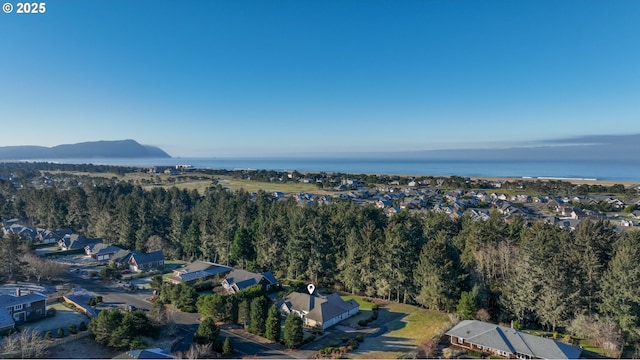 drone / aerial view with a water and mountain view