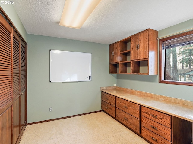 kitchen with light colored carpet and a textured ceiling